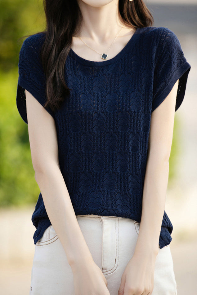 Lace Hollow Out Knit T-Shirt - liwisi