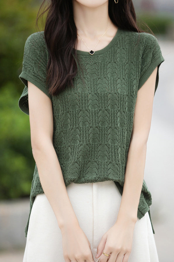 Lace Hollow Out Knit T-Shirt - liwisi