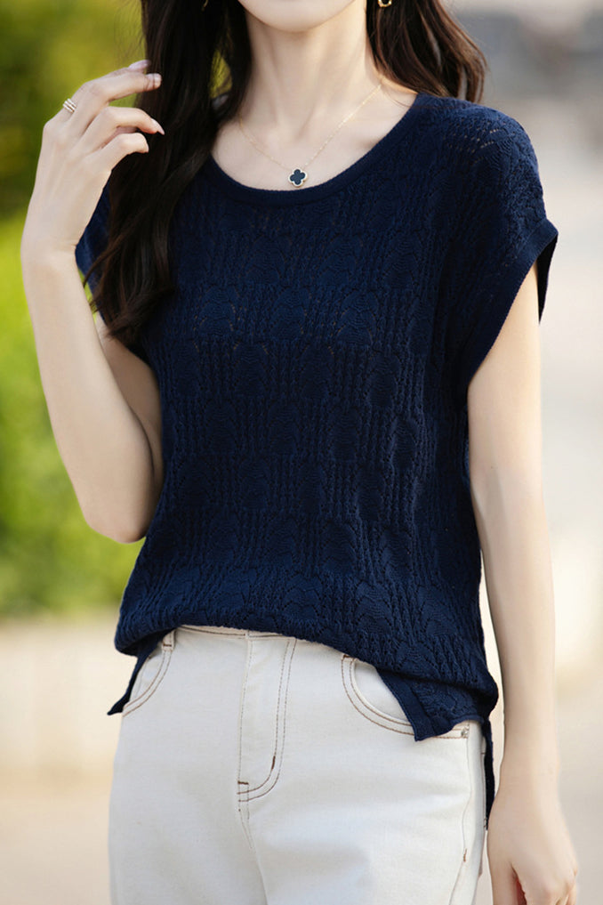 Lace Hollow Out Knit T-Shirt - liwisi