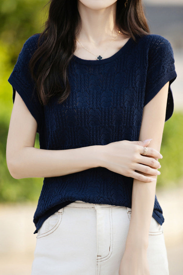 Lace Hollow Out Knit T-Shirt - liwisi