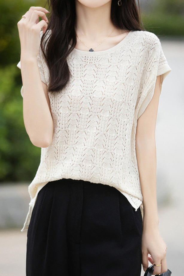 Lace Hollow Out Knit T-Shirt - liwisi