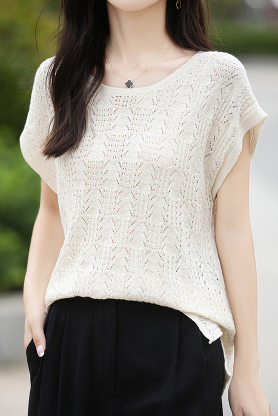 Lace Hollow Out Knit T-Shirt - liwisi