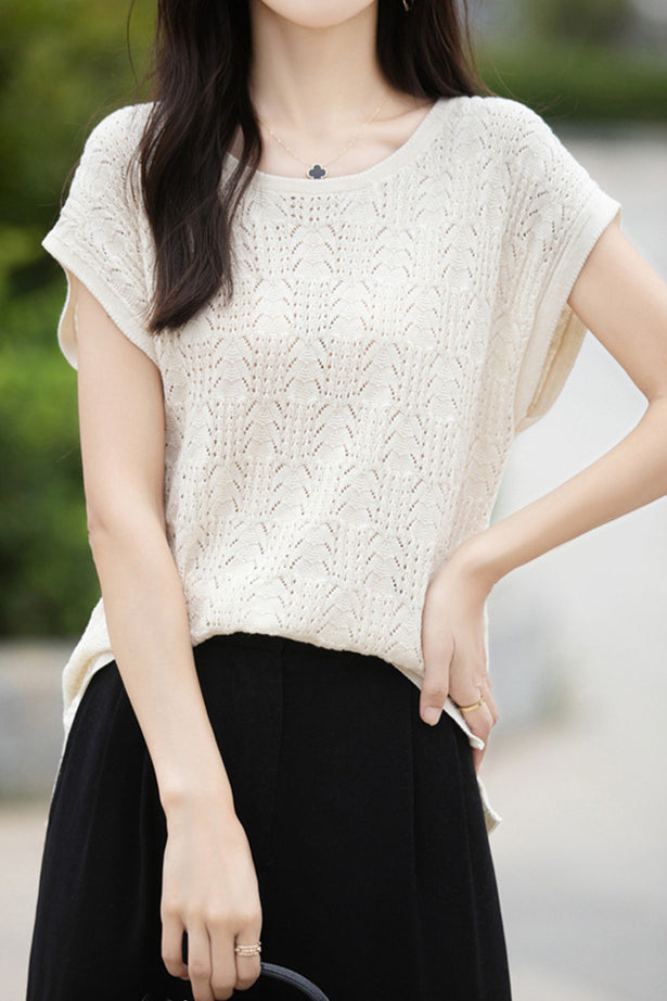 Lace Hollow Out Knit T-Shirt - liwisi