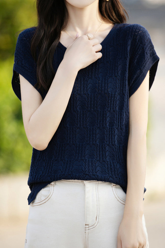 Lace Hollow Out Knit T-Shirt - liwisi
