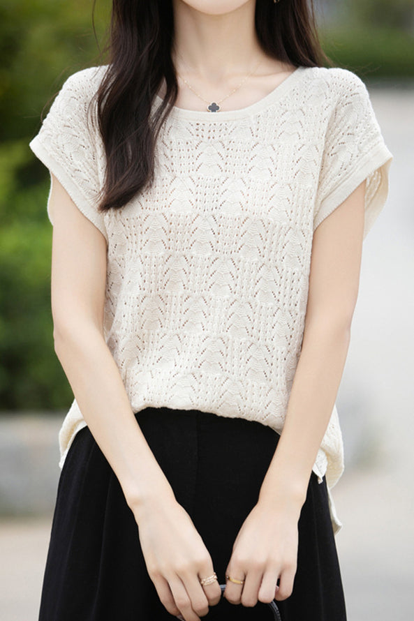 Lace Hollow Out Knit T-Shirt - liwisi