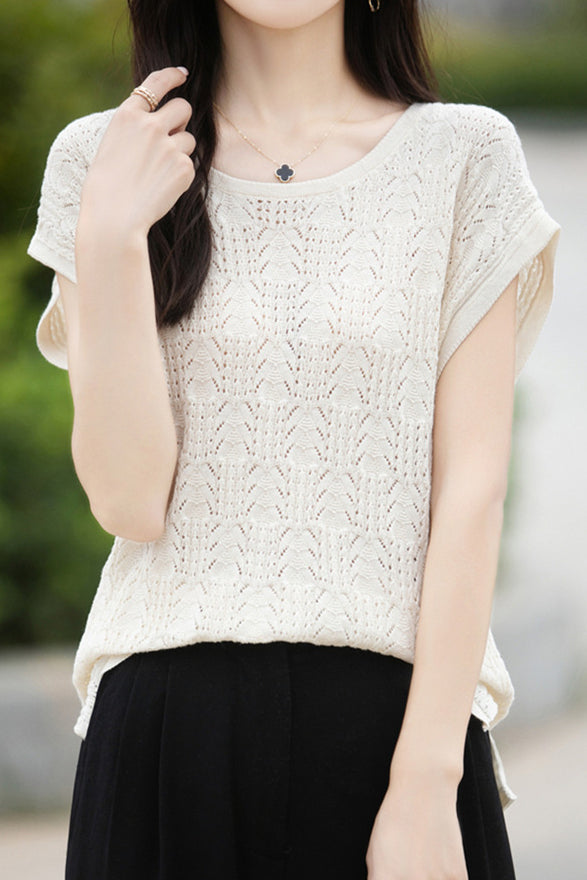 Lace Hollow Out Knit T-Shirt - liwisi