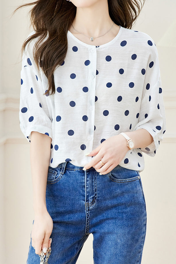 Polka Dot Printed Crew Neck Shirt - liwisi