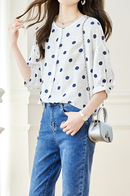 Polka Dot Printed Crew Neck Shirt - liwisi