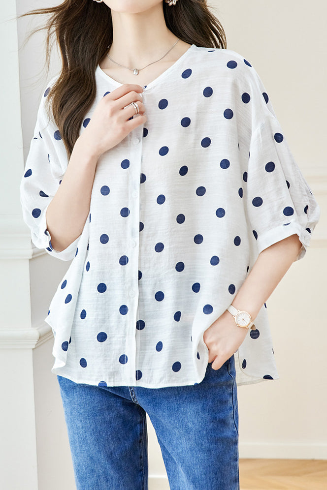 Polka Dot Printed Crew Neck Shirt - liwisi