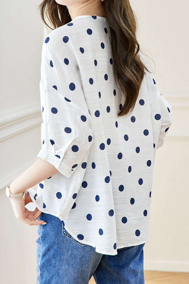 Polka Dot Printed Crew Neck Shirt - liwisi