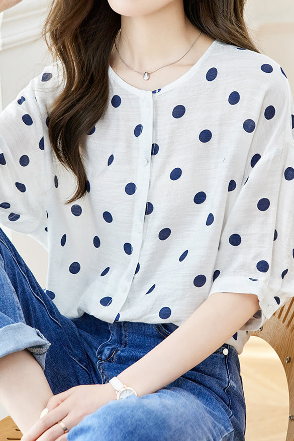 Polka Dot Printed Crew Neck Shirt - liwisi