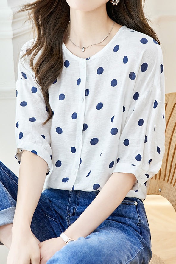 Polka Dot Printed Crew Neck Shirt - liwisi