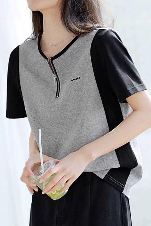 Color Block Spliced Half-Zip T-Shirt - liwisi