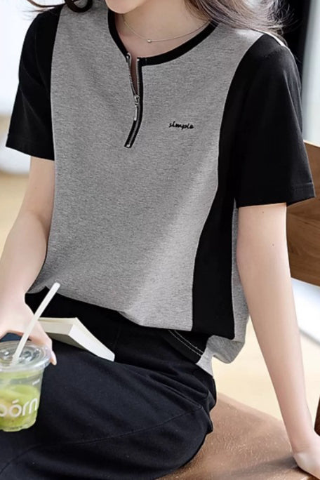 Color Block Spliced Half-Zip T-Shirt - liwisi