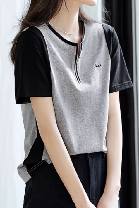 Color Block Spliced Half-Zip T-Shirt - liwisi