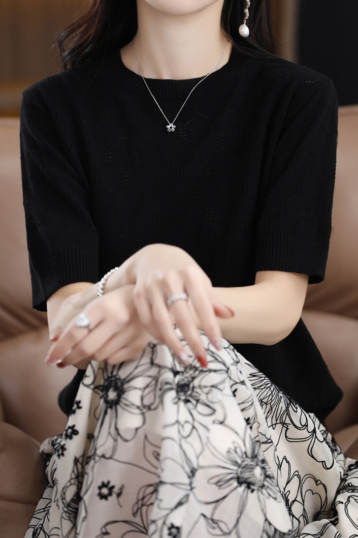 Round Neck Hollow Knit T-Shirt - liwisi