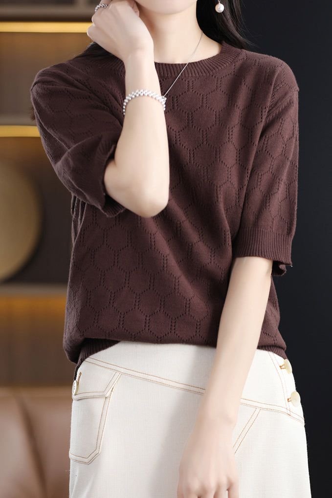 Round Neck Hollow Knit T-Shirt - liwisi