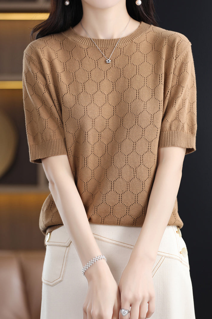 Round Neck Hollow Knit T-Shirt - liwisi
