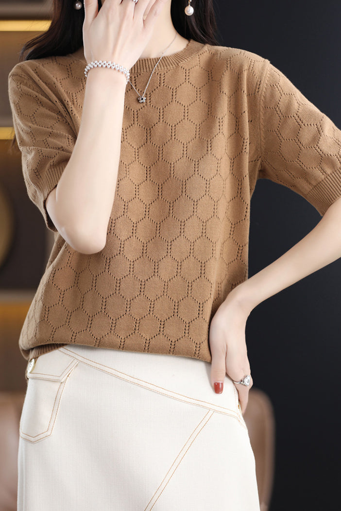Round Neck Hollow Knit T-Shirt - liwisi