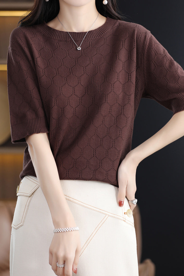 Round Neck Hollow Knit T-Shirt - liwisi