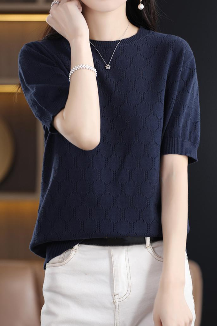 Round Neck Hollow Knit T-Shirt - liwisi