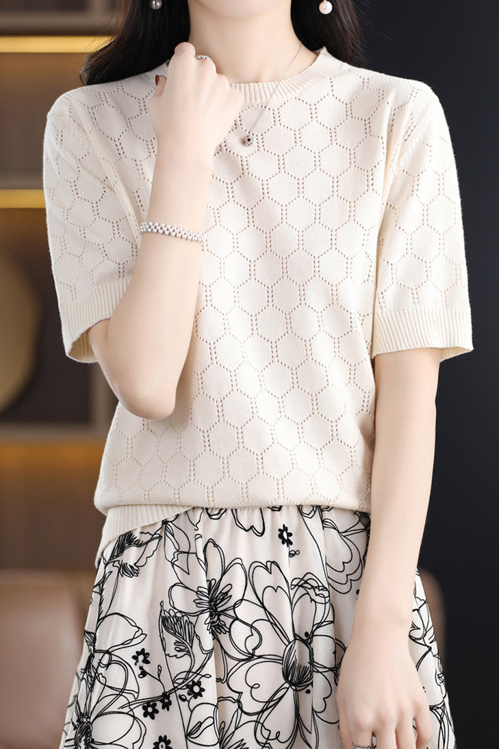 Round Neck Hollow Knit T-Shirt - liwisi