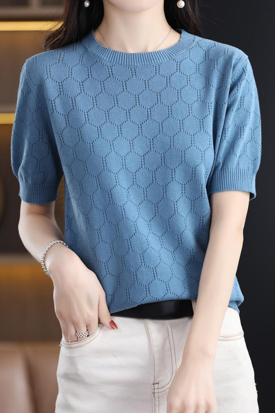 Round Neck Hollow Knit T-Shirt - liwisi