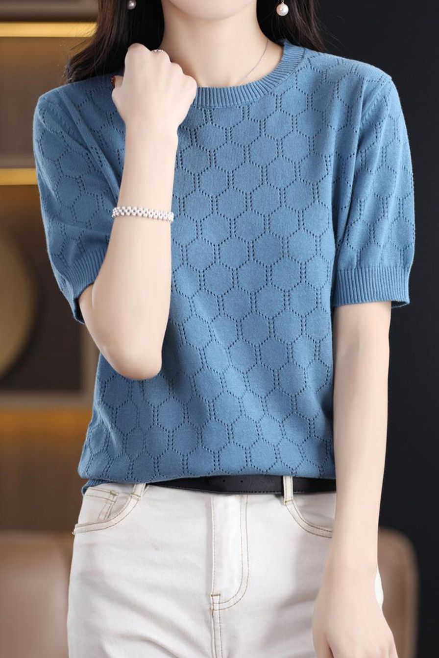 Round Neck Hollow Knit T-Shirt - liwisi