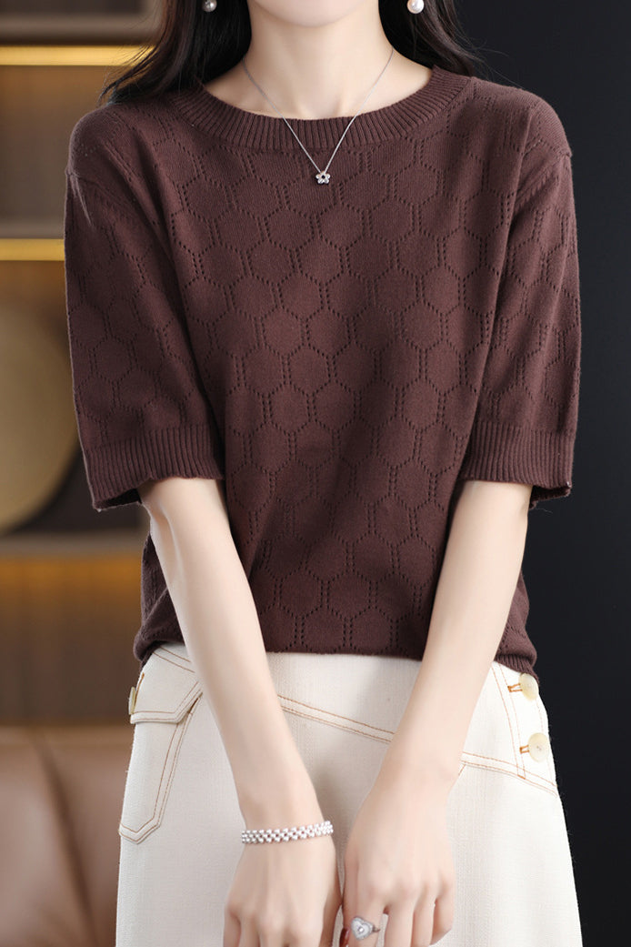 Round Neck Hollow Knit T-Shirt - liwisi
