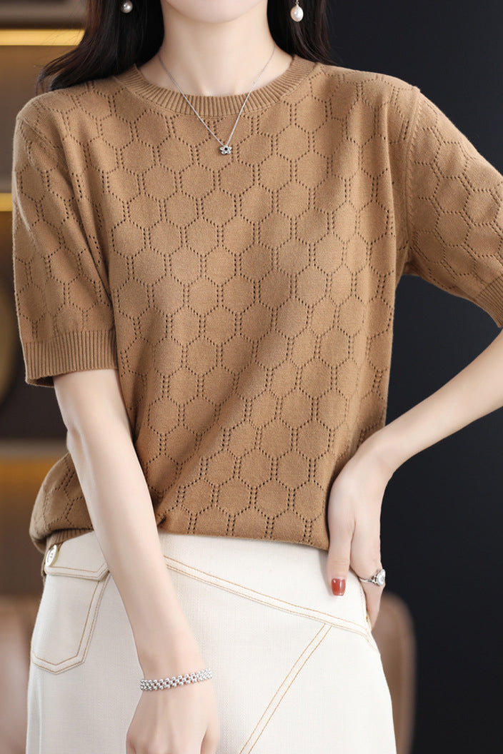 Round Neck Hollow Knit T-Shirt - liwisi