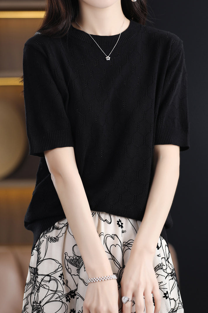 Round Neck Hollow Knit T-Shirt - liwisi