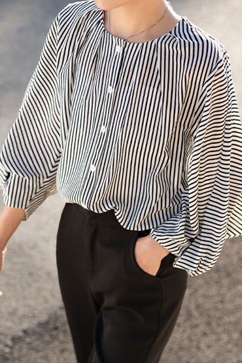 Puff Sleeve Striped Shirt - liwisi