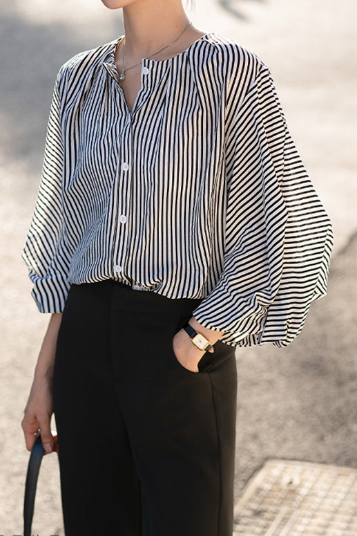 Puff Sleeve Striped Shirt - liwisi