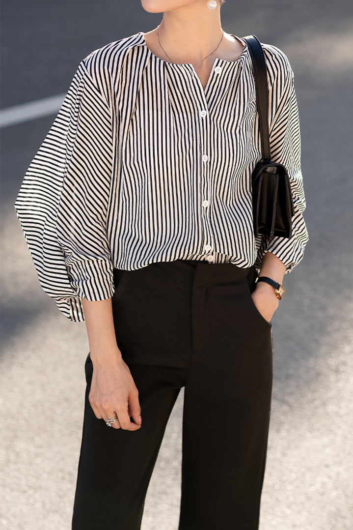 Puff Sleeve Striped Shirt - liwisi
