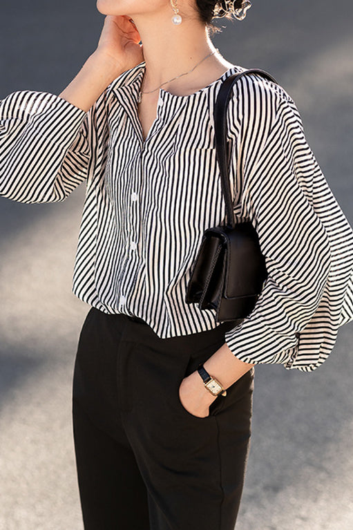 Puff Sleeve Striped Shirt - liwisi