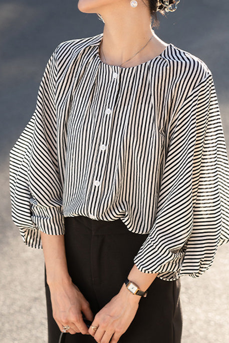 Puff Sleeve Striped Shirt - liwisi