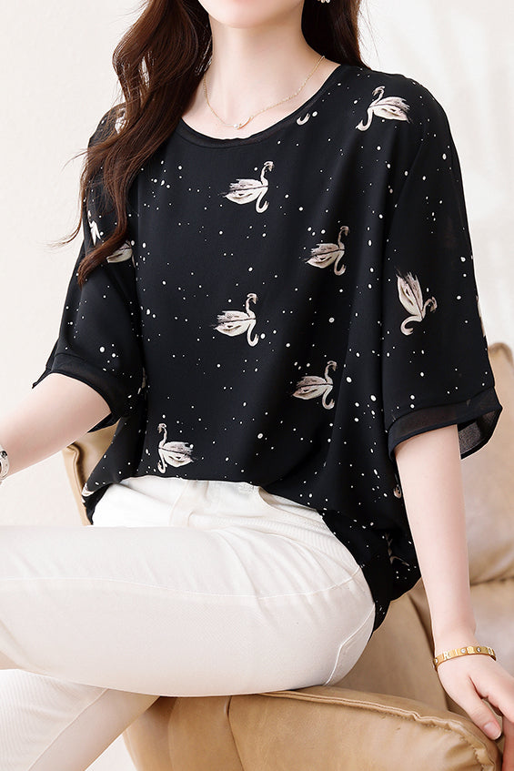 Swan Print Chiffon T-Shirt - liwisi