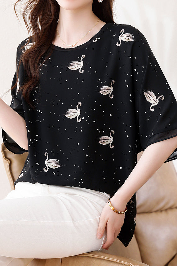 Swan Print Chiffon T-Shirt - liwisi