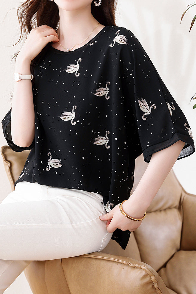 Swan Print Chiffon T-Shirt - liwisi