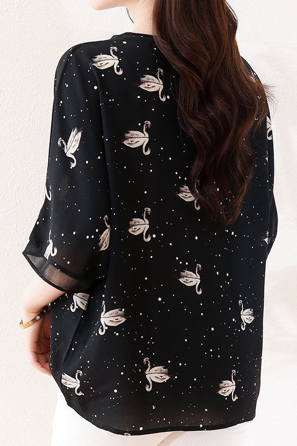 Swan Print Chiffon T-Shirt - liwisi