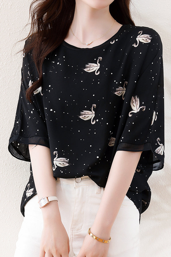 Swan Print Chiffon T-Shirt - liwisi