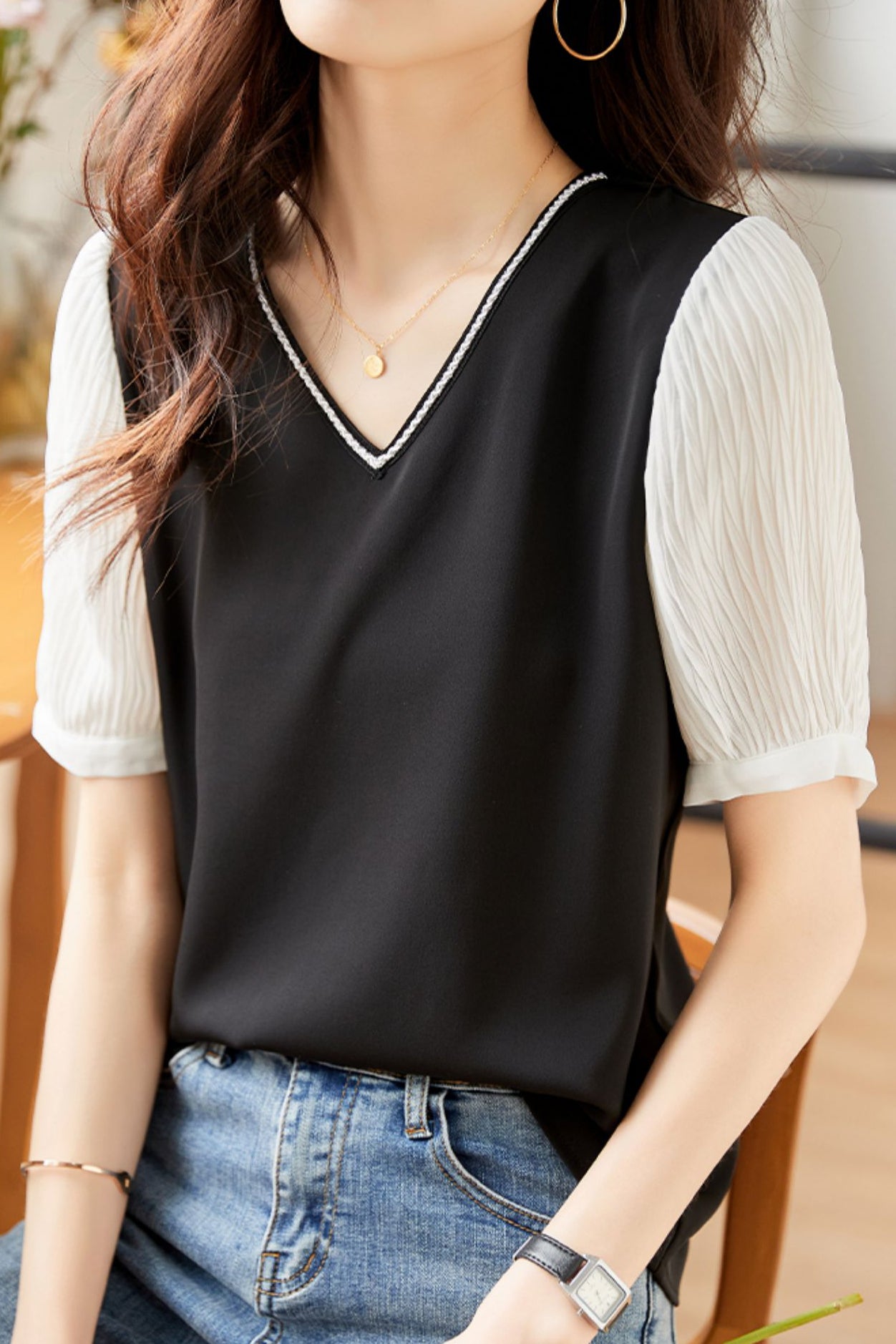 French Style V-Neck Chiffon Shirt - liwisi