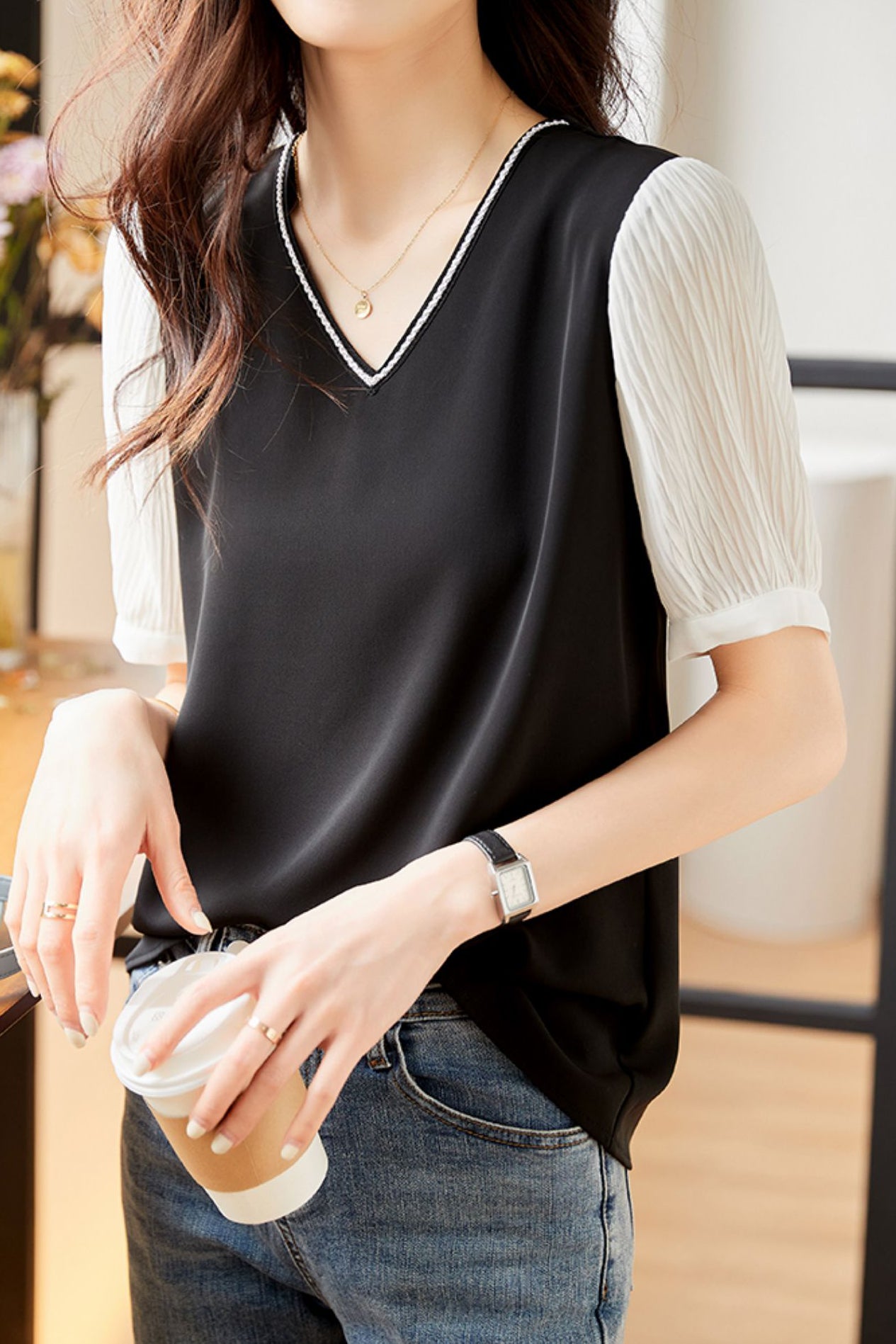 French Style V-Neck Chiffon Shirt - liwisi