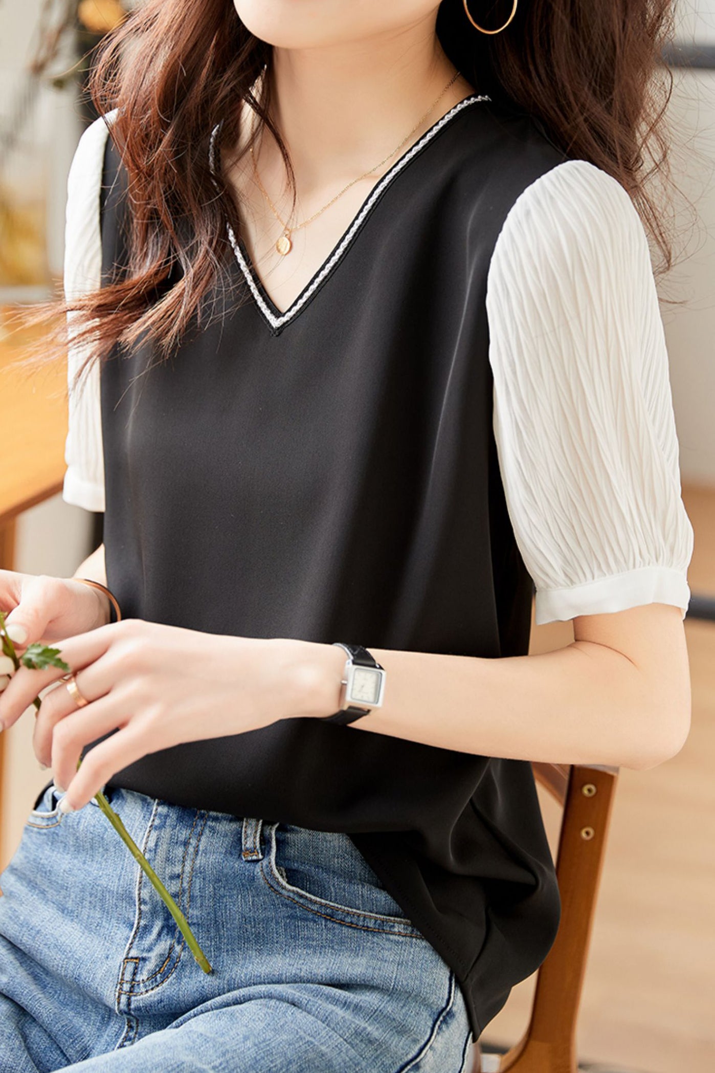 French Style V-Neck Chiffon Shirt - liwisi