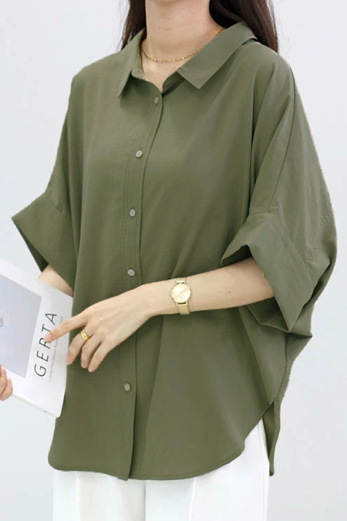Batwing Sleeve Lapel Button-Up Shirt - liwisi