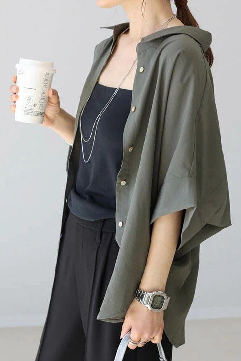 Batwing Sleeve Lapel Button-Up Shirt - liwisi