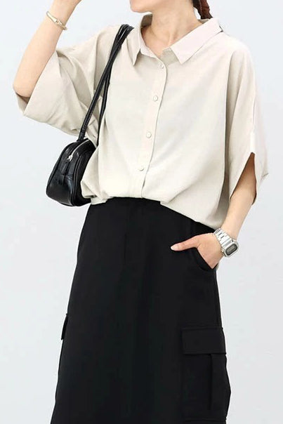 Batwing Sleeve Lapel Button-Up Shirt - liwisi