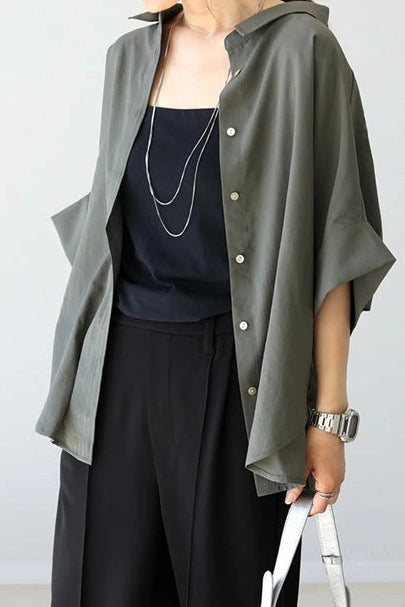 Batwing Sleeve Lapel Button-Up Shirt - liwisi