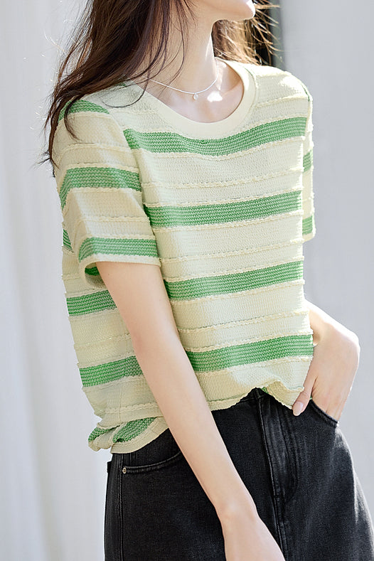 Fashion Striped Short Sleeve Knit T-Shirt - liwisi