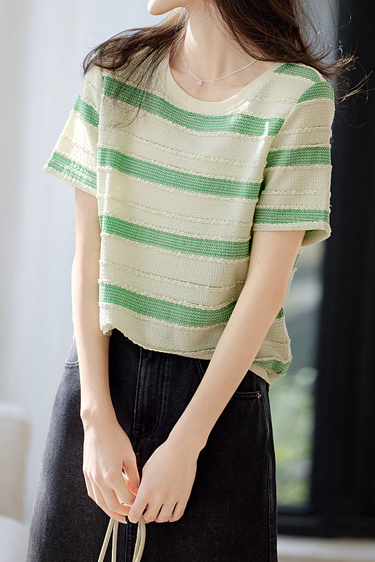 Fashion Striped Short Sleeve Knit T-Shirt - liwisi